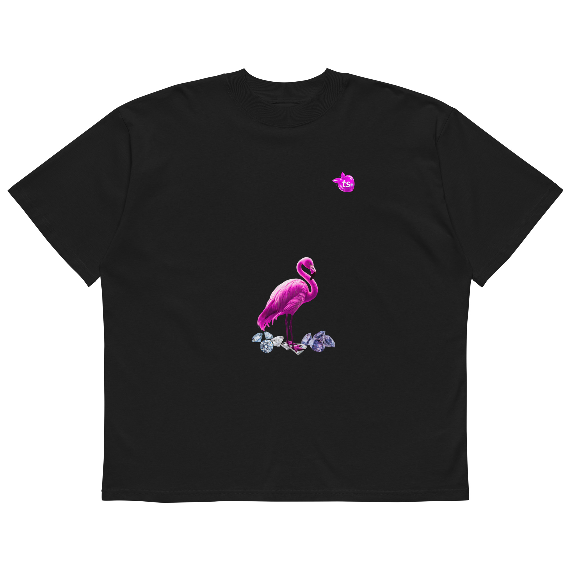 tsgabrielle® • Pour Lui • Flamant Rose • T-shirt col montant oversize • Noir • Coton biologique